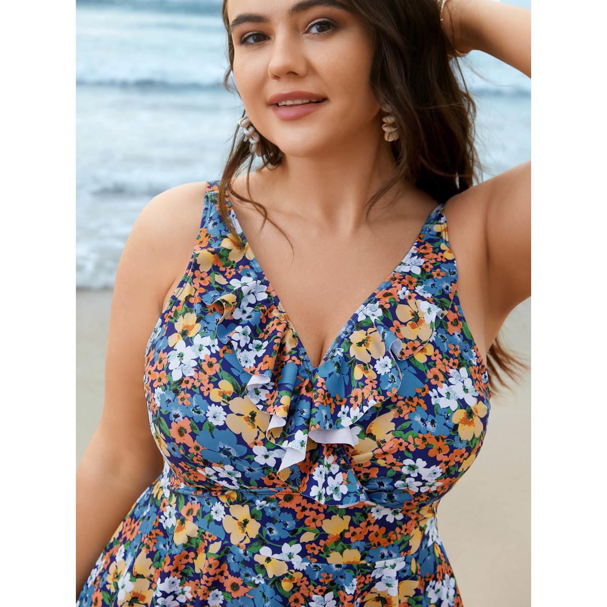 Plus Size Floral Ruffled Flared Swim Dress Women's Swimwear Multicolor Beach Bodycon Overlap Collar High stretch Curve Swim Dresses BloomChic 30/6X Product Image