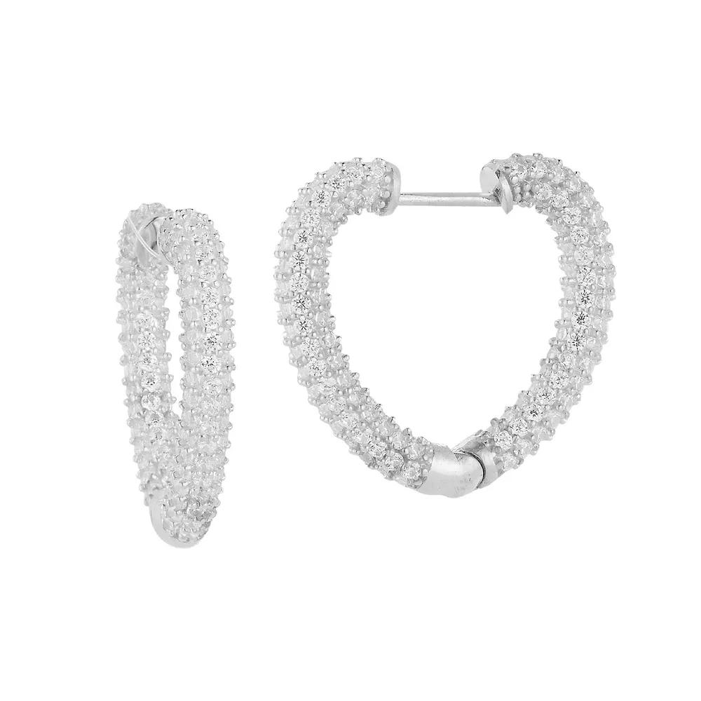 Sunkissed Sterling Cubic Zirconia Pave Heart Hoop Earrings, Women's, Silver Tone Product Image