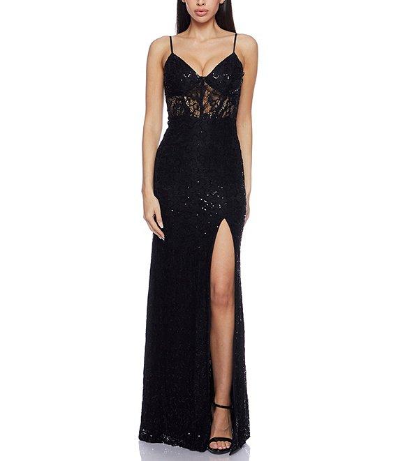 B. Darlin Stretch Sequin Lace V-Neck Spaghetti Strap Bustier Illusion Waist Front Slit Dress Product Image