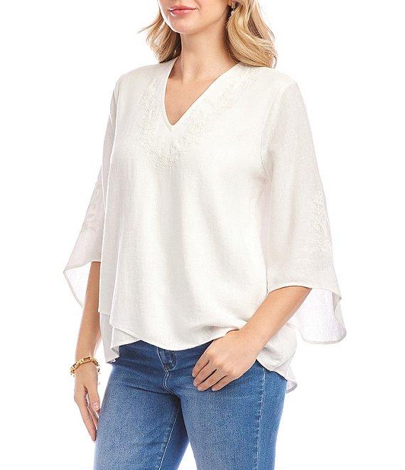 Karen Kane Linen Blend Bracelet Sleeve Embroidered Asymmetric Top Product Image