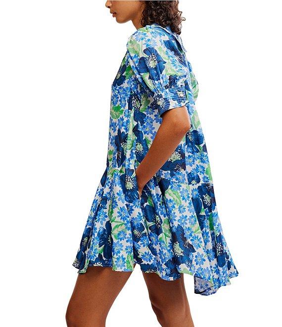 Free People Moon Chaser Floral Printed V-Neck Short Sleeve Mini Babydoll Dress Product Image