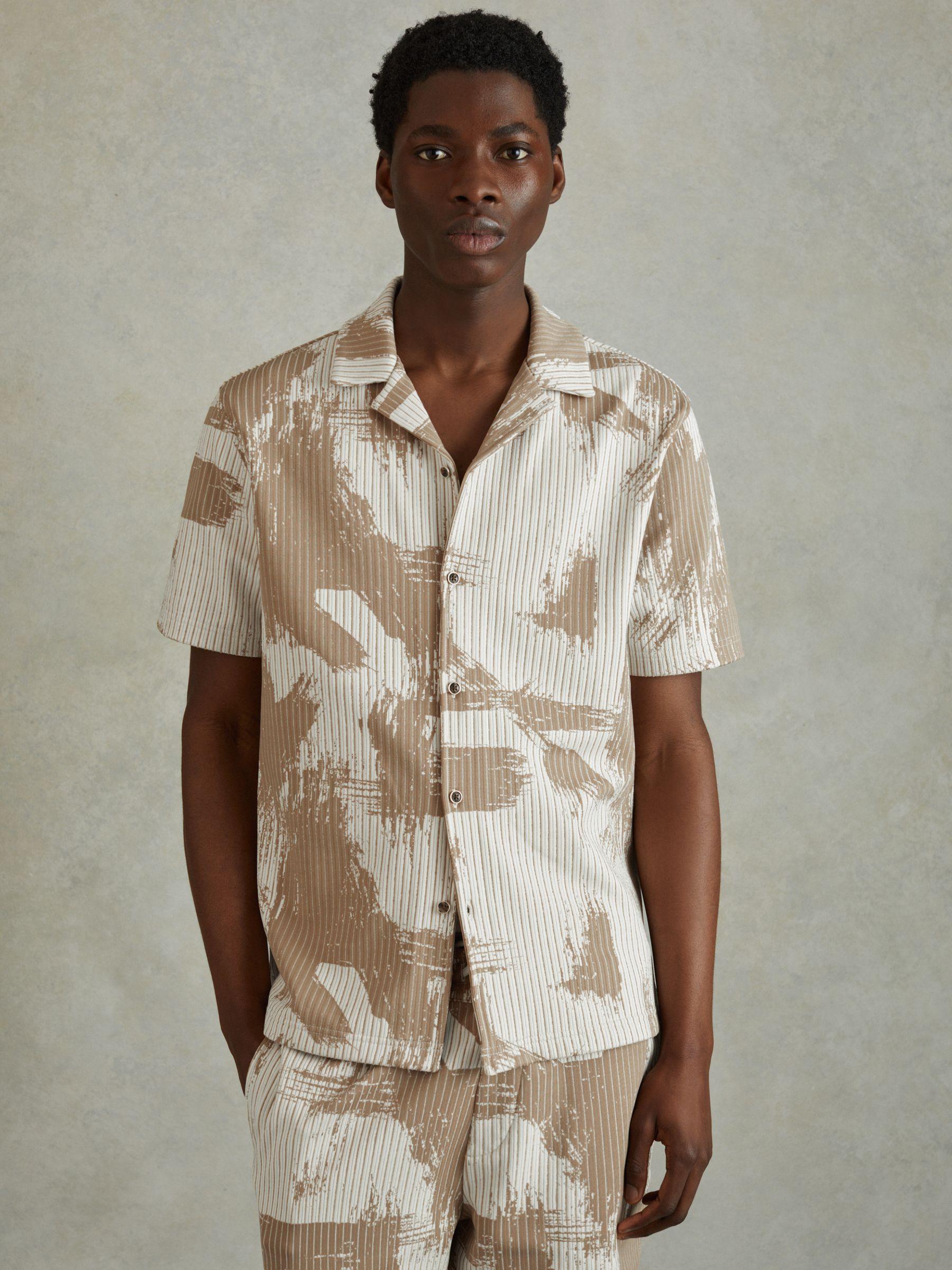 Brushstroke Print Cuban Collar Shirt in Sand/White Product Image
