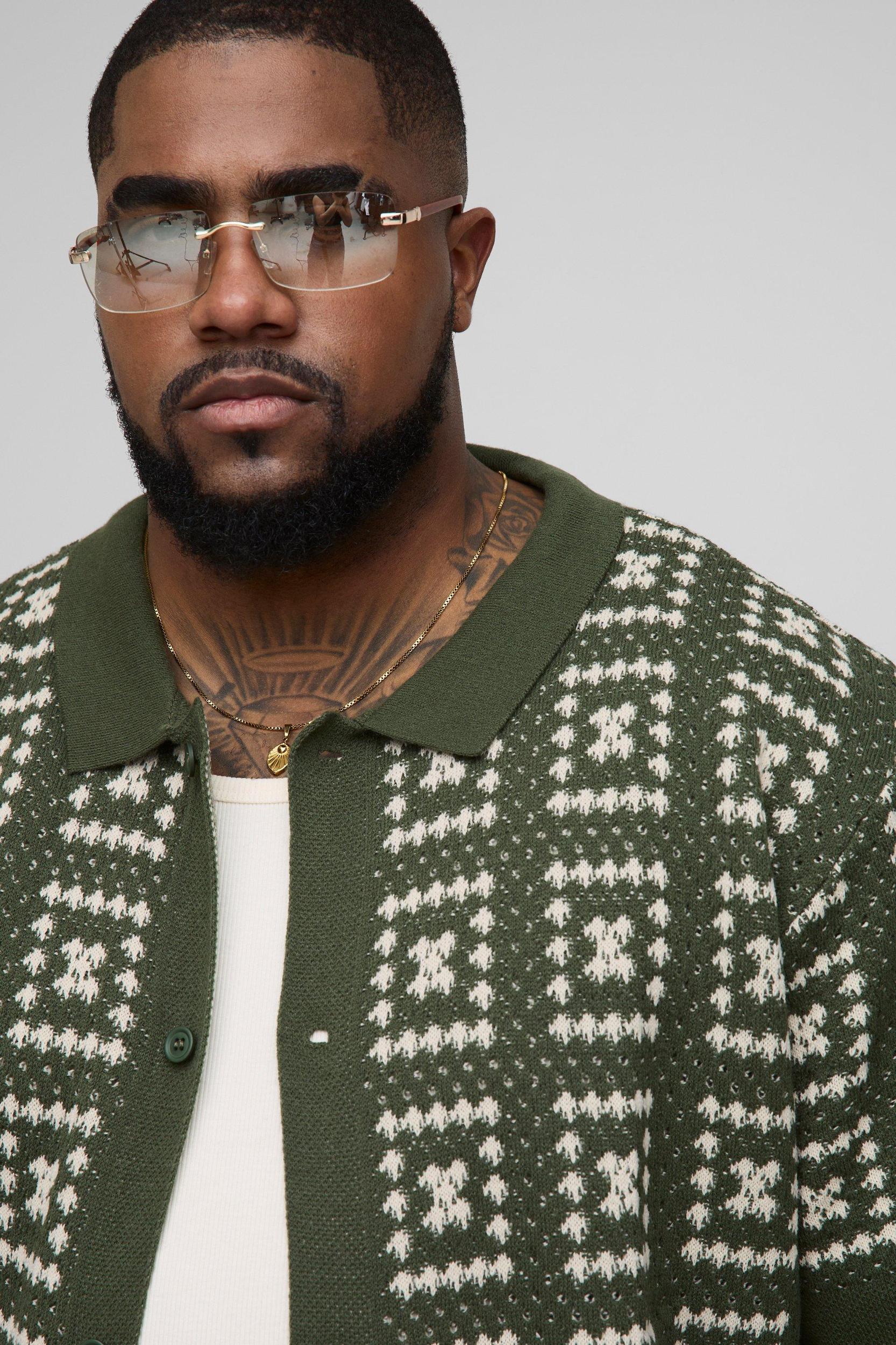 Plus Oversized Crochet Shirt & Short Set | boohooMAN USA Product Image