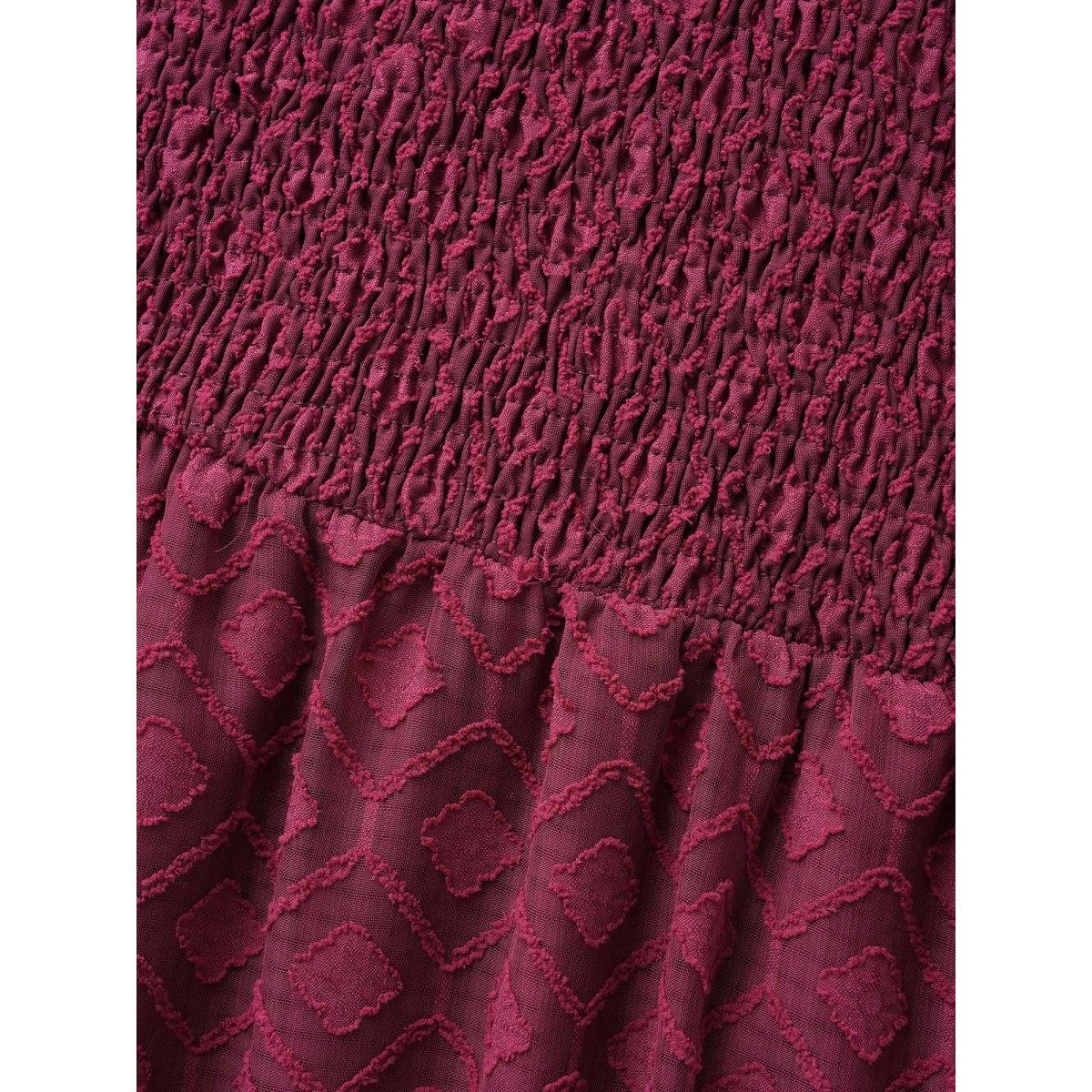 Plus Size Square Neck Textured Mesh Shirred Dress Burgundy Women Elegant Texture Square Neck Long Sleeve Curvy BloomChic 30/6X Product Image