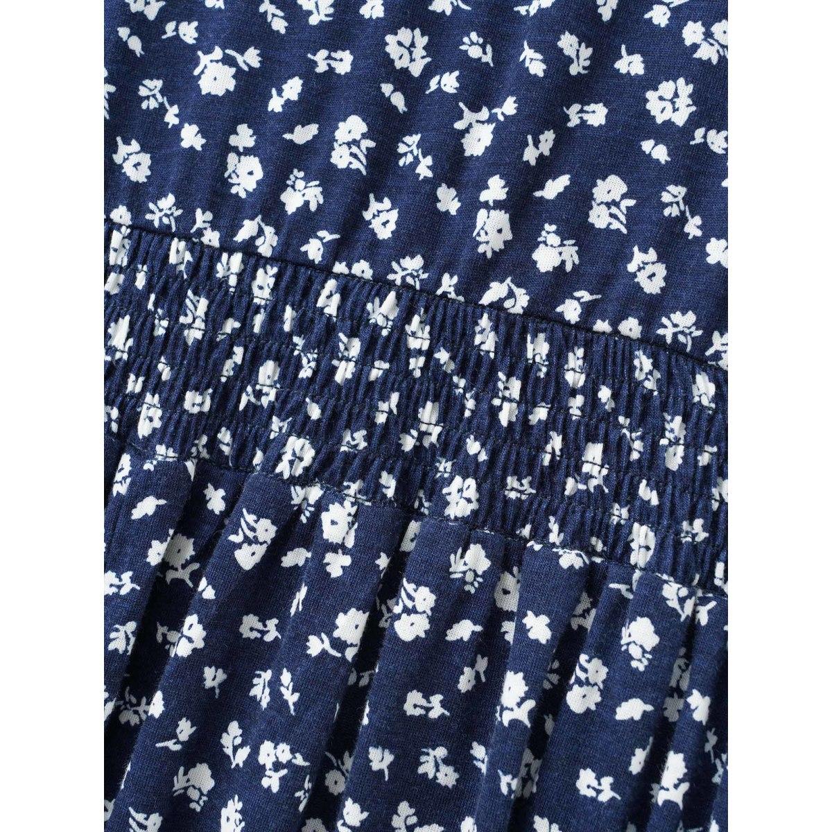 Plus Size Ditsy Floral V Neck Shirred Dress Navy Women Casual Shirred Overlap Collar Short sleeve Curvy BloomChic 26/4X Product Image
