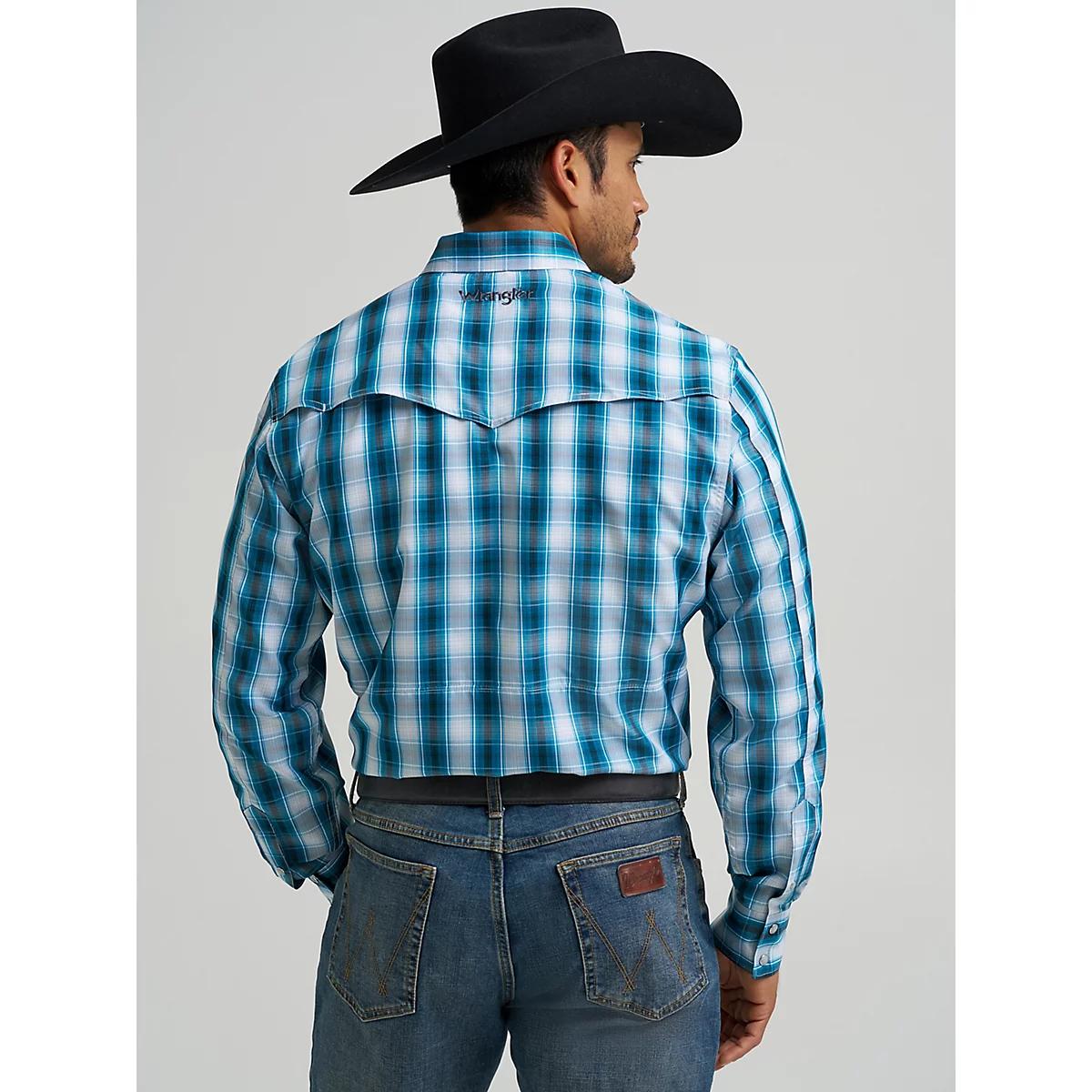 Men's Wrangler Performance Snap Long Sleeve Plaid Shirt in Teal Black Product Image