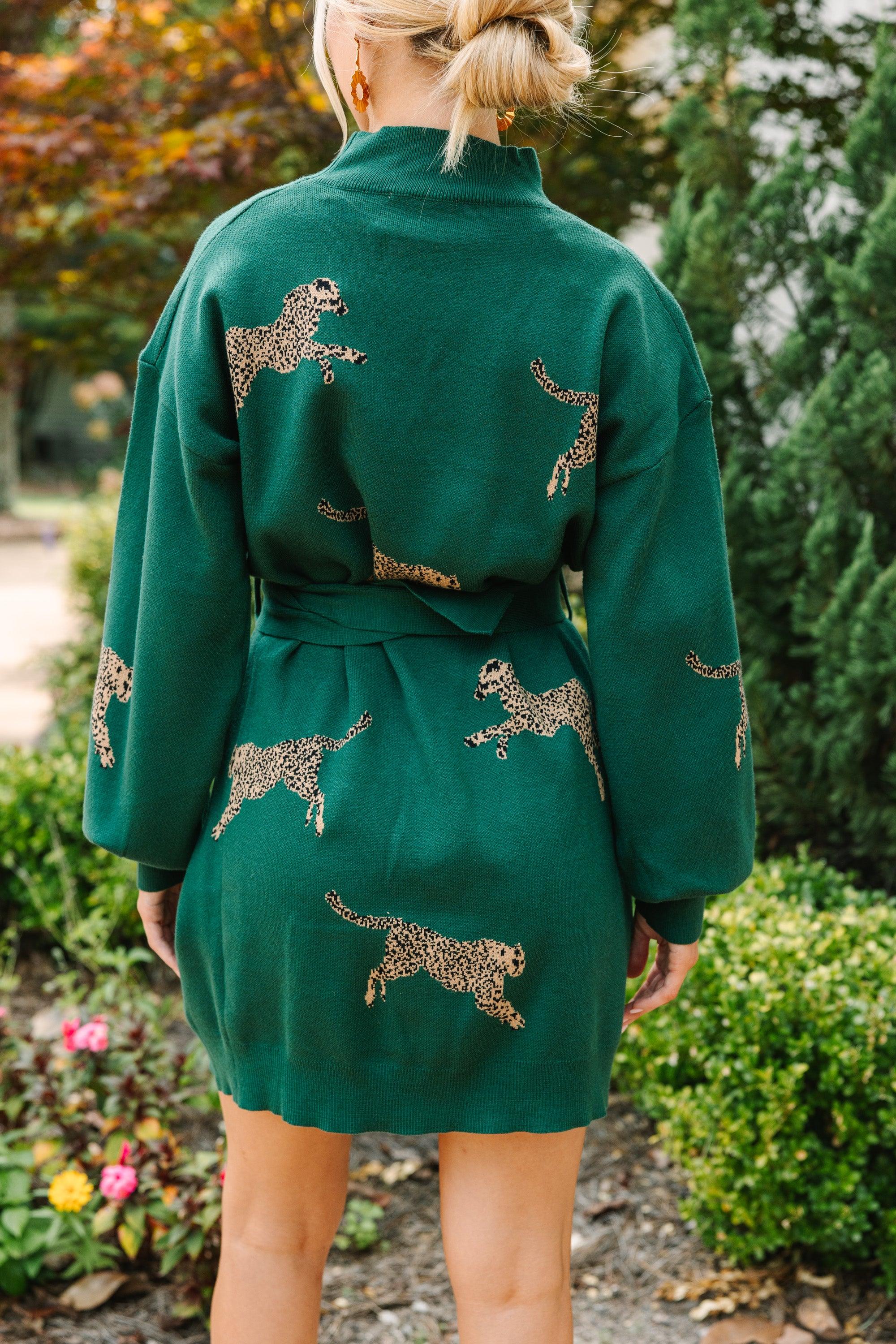 Quick Decisions Hunter Green Cheetah Sweater Dress Female Product Image