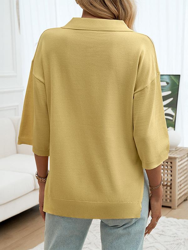 Half Sleeves Loose Solid Color Lapel Blouses&Shirts Tops Sweater Tops Product Image