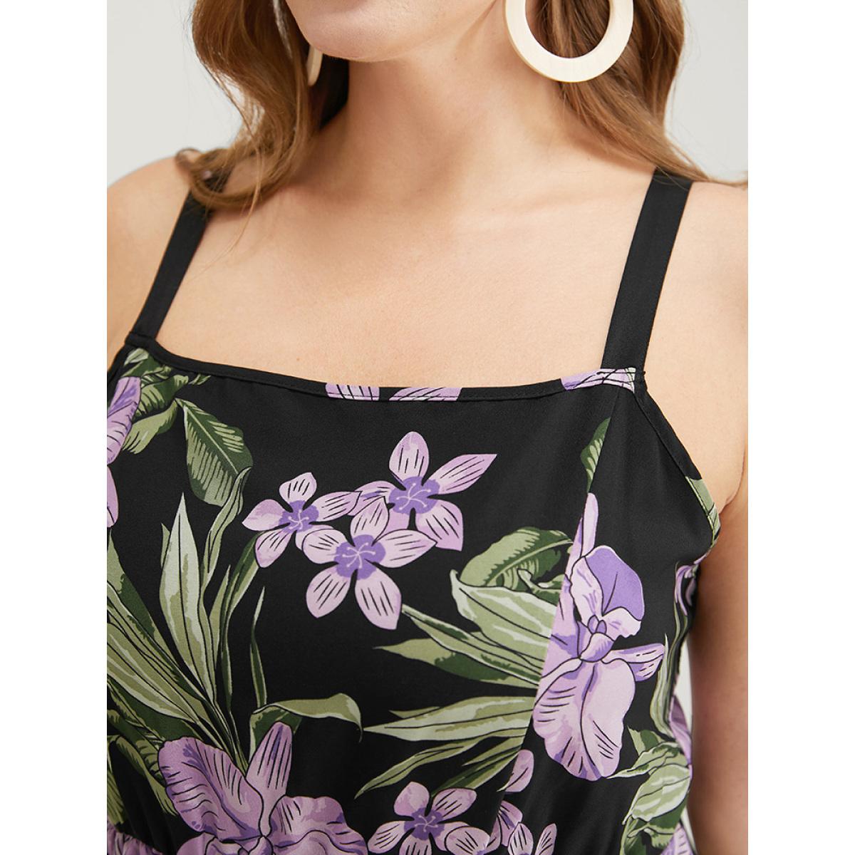 Plus Size Floral Pocket Adjustable Straps Ruffle Hem Cami Dress Black Women Elegant Adjustable Straps Spaghetti Strap Sleeveless Curvy Midi Dress BloomChic 22-24/3X Product Image