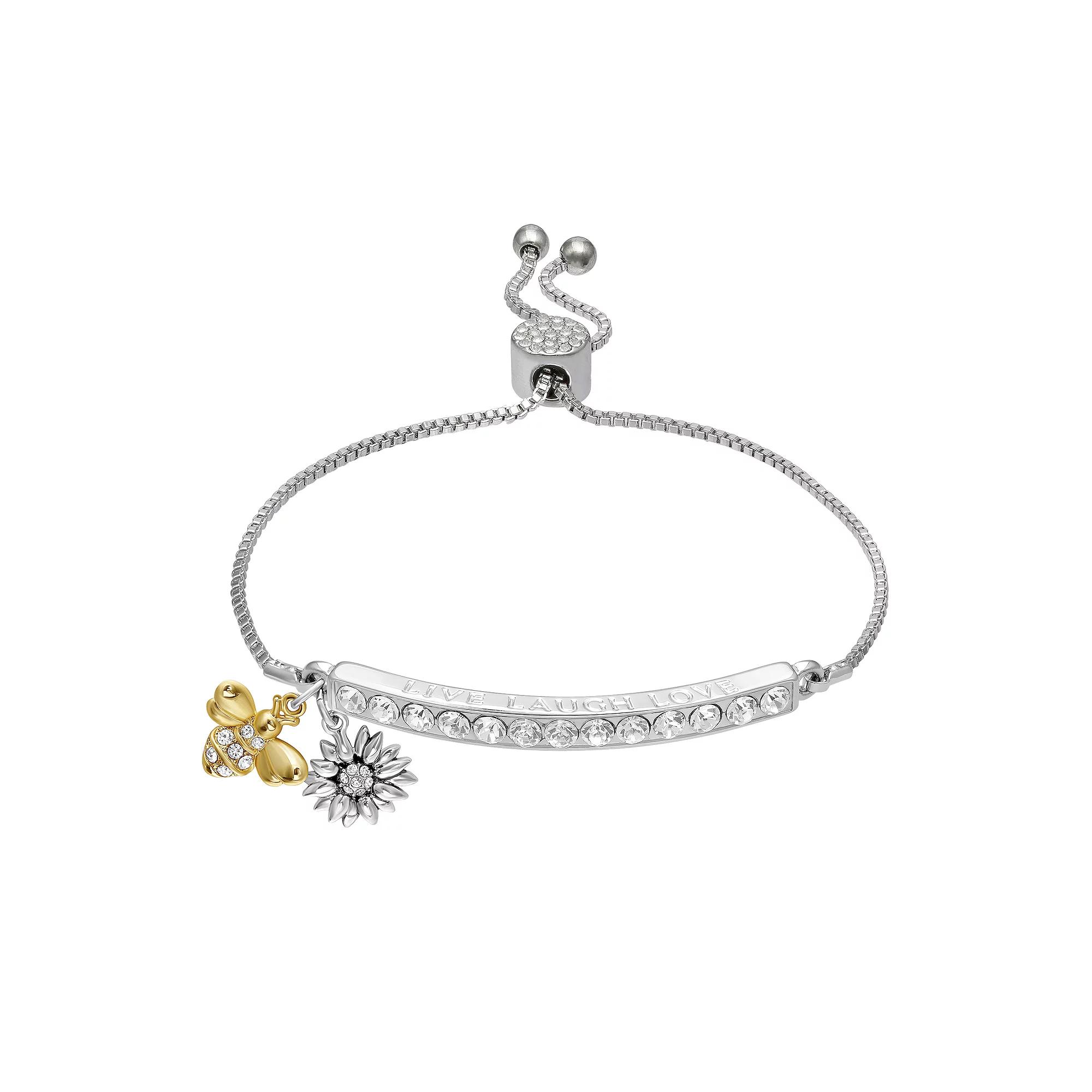 Brilliance Two Tone Crystal "LIVE LAUGH LOVE" Adjustable Bar Bracelet, Women's, Size: 7/8", Two Tone Gold Clear Product Image