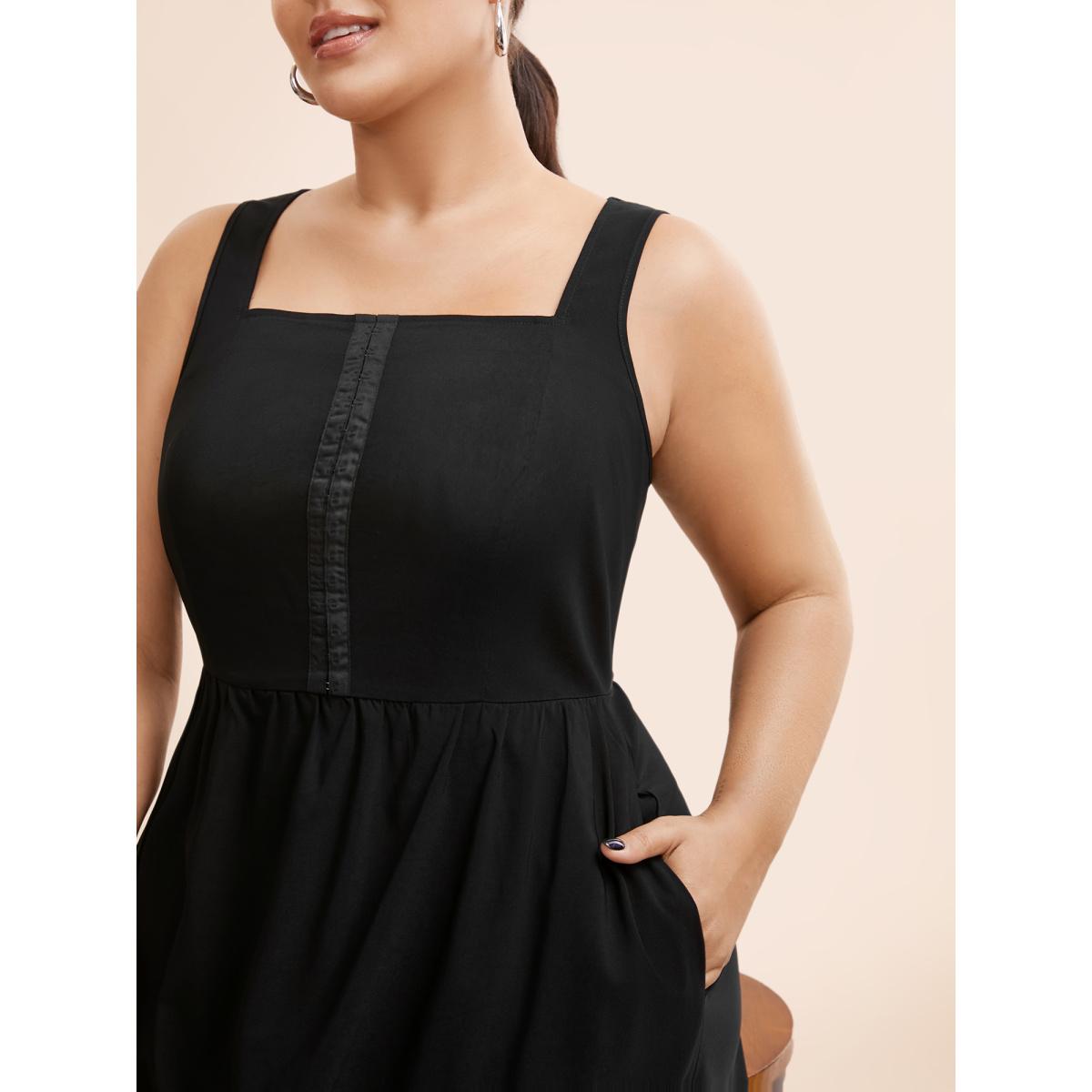 Plus Size Stretch Woven Pleated Flare Vest Midi Dress Black Women At the Office Gathered Square Neck Sleeveless Curvy BloomChic 18-20/2X Product Image