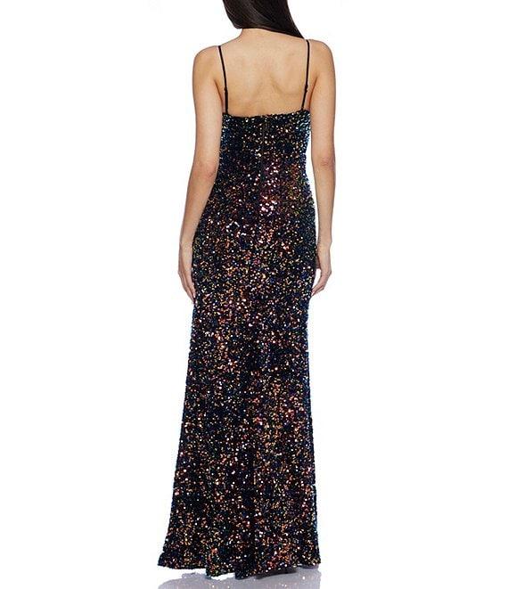 B. Darlin Velvet Embroidered Sequined V-Neck Spaghetti Strap Front Slit Dress Product Image