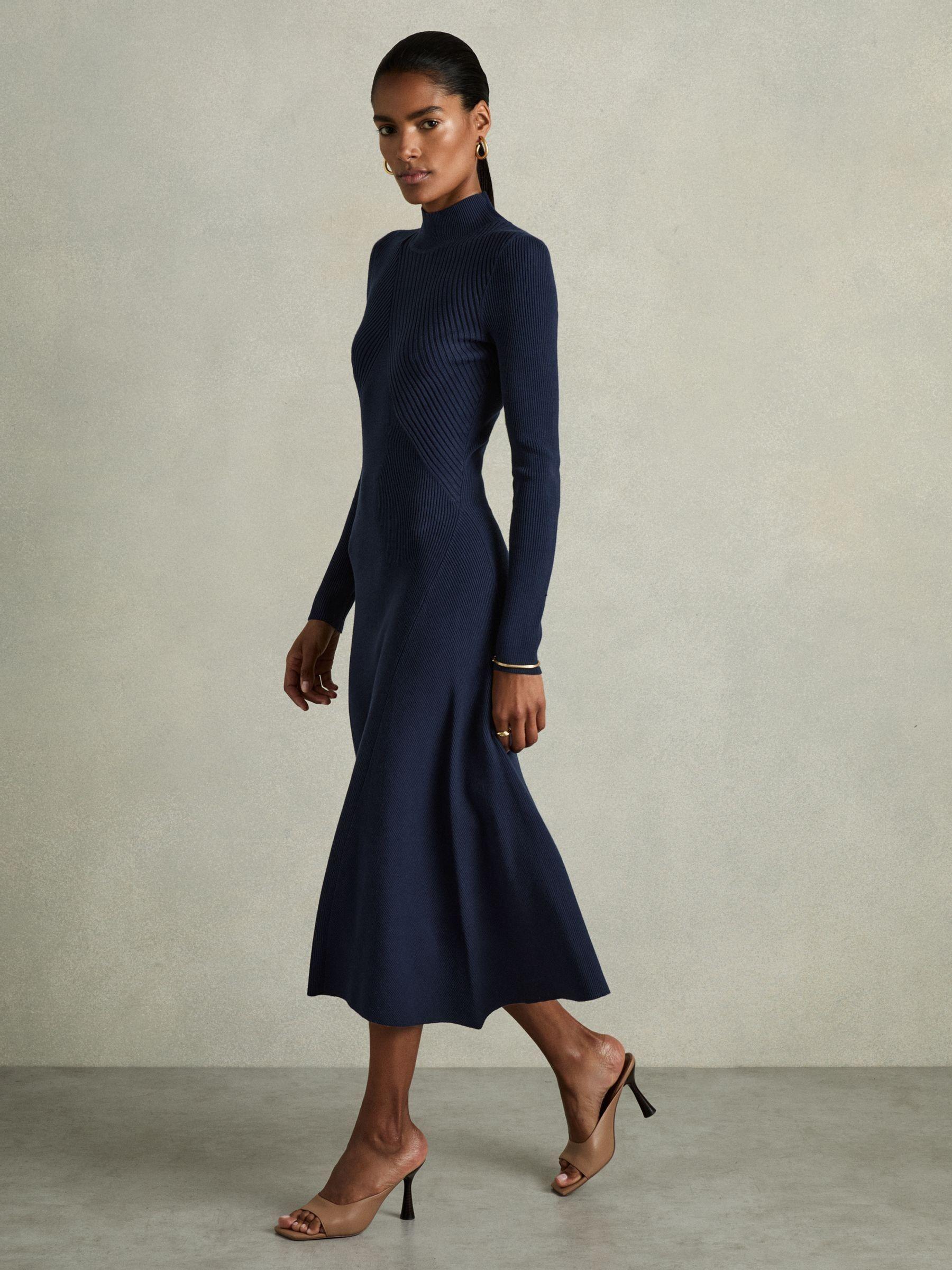 Round Neck Ribbed Midi Dress in Navy Product Image