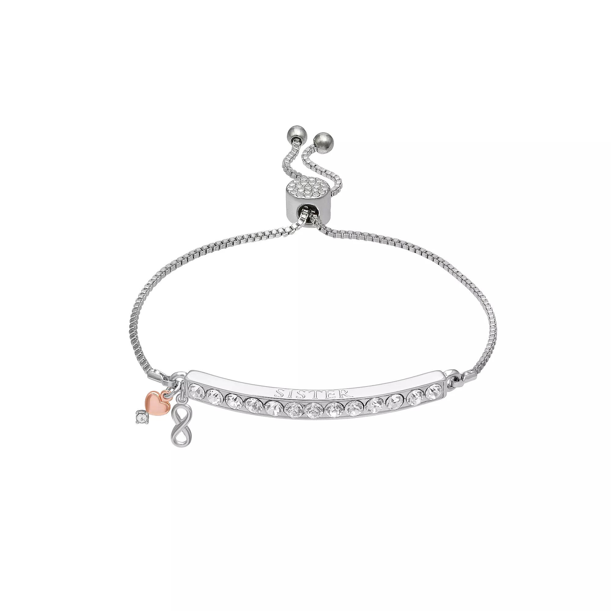 Brilliance Two-Tone Silver Plated "Sister" Crystal Bar Infinity & Heart Charm Adjustable Bracelet, Women's, Size: 7", Two Tone Pink Clear Product Image