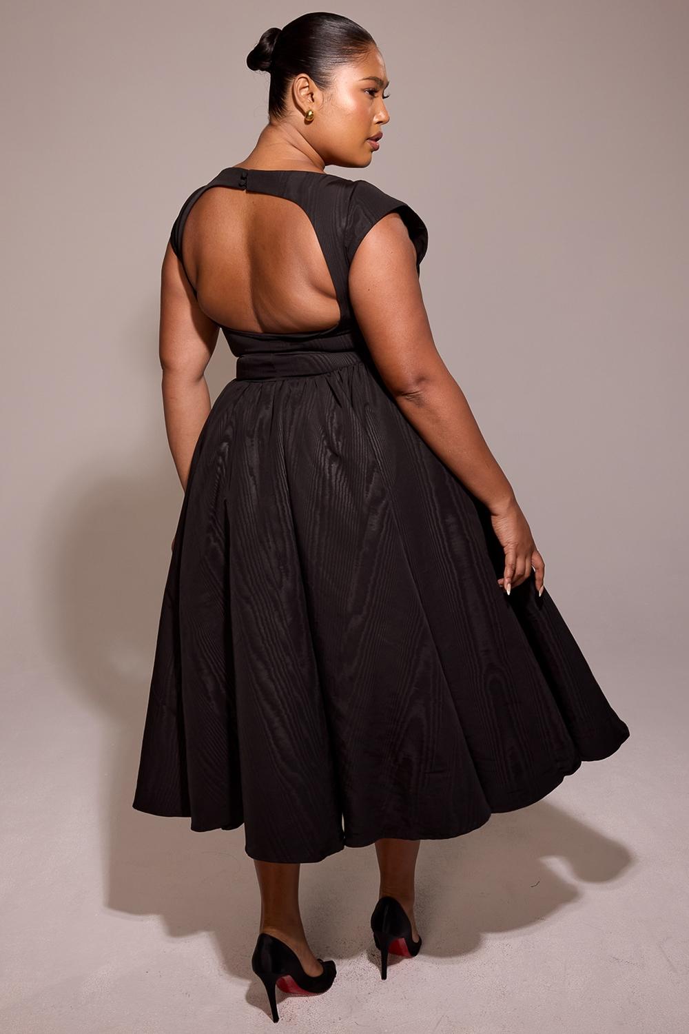 Debutante  black moire satin backless midi dress Product Image