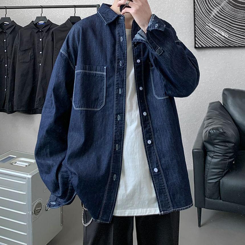 Long Sleeve Collared Washed Denim Shirt Product Image