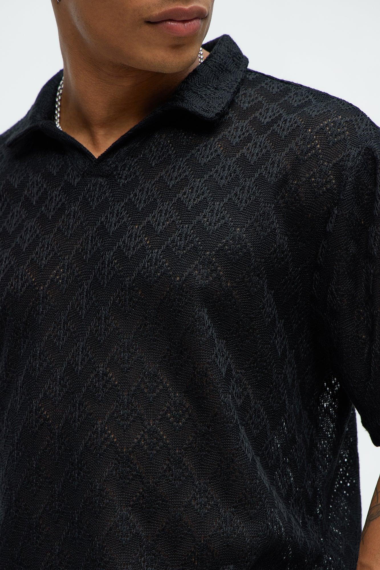 Diamond Shape Knit Johnny Collar Shirt - Black Product Image