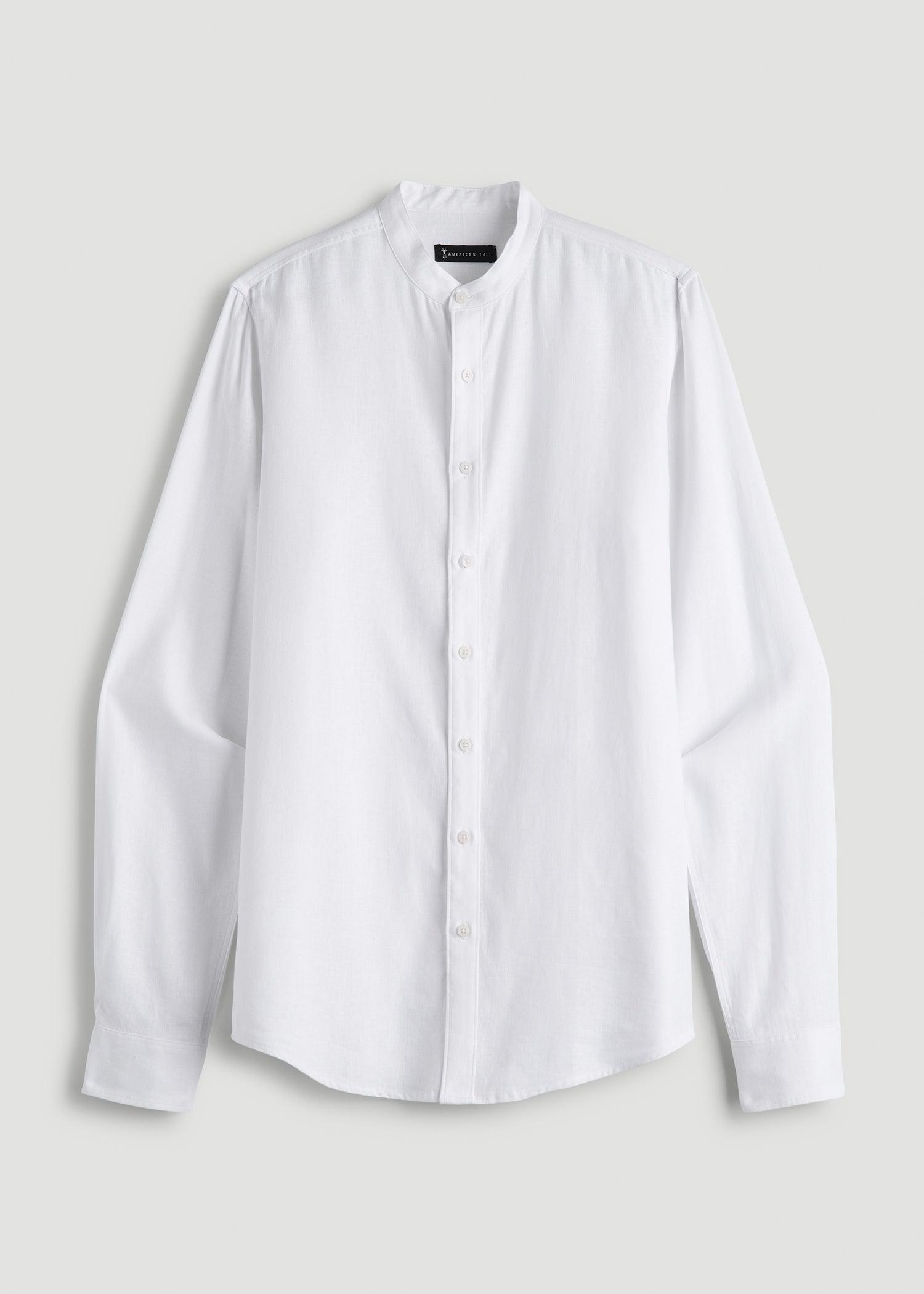 Band Collar Linen Button Shirt for Tall Men in Optic White Male Product Image
