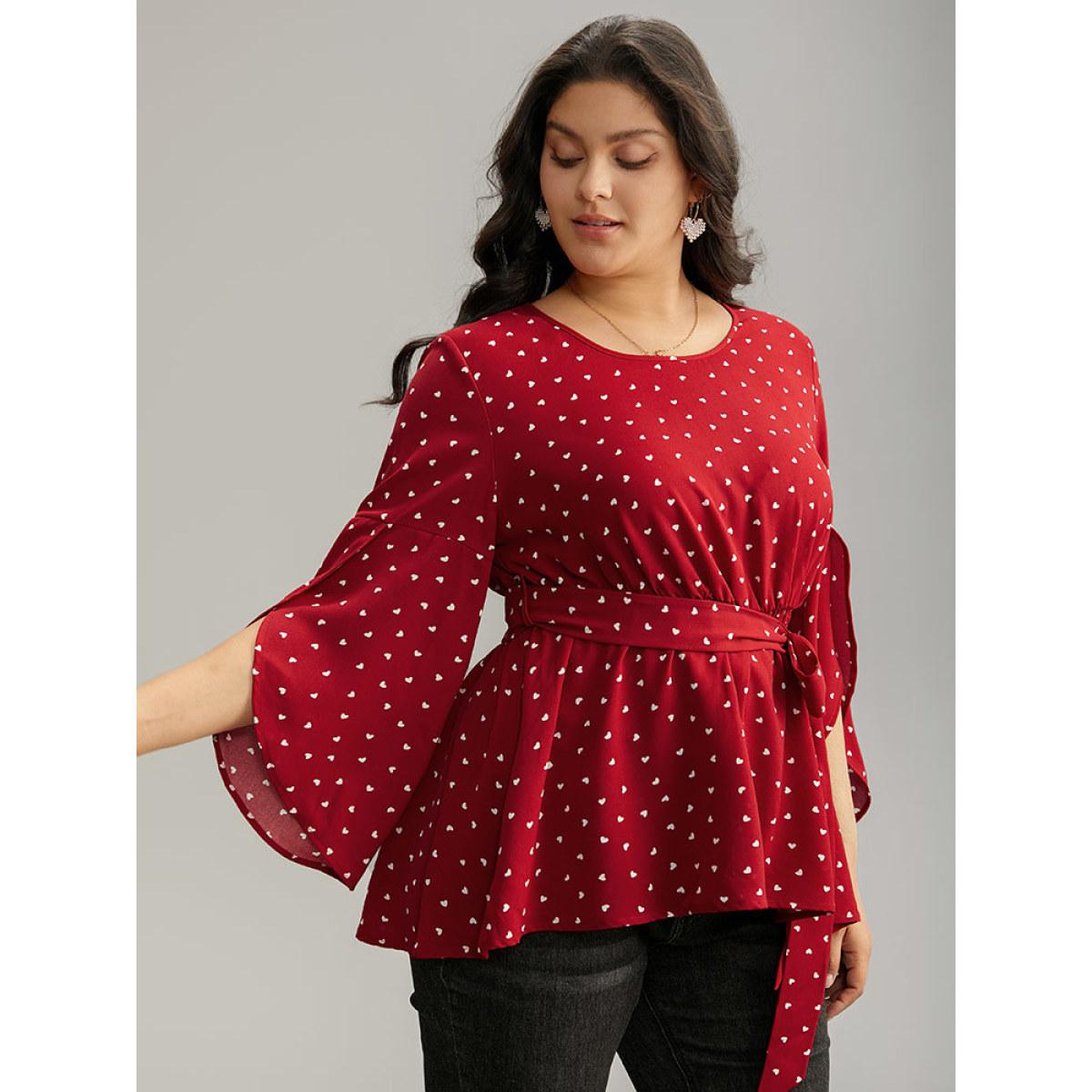 Plus Size Red Heart Print Belted Petal Sleeve High Low Hem Blouse Women Elegant Elbow-length sleeve Round Neck Everyday Blouses BloomChic 18-20/2X Product Image