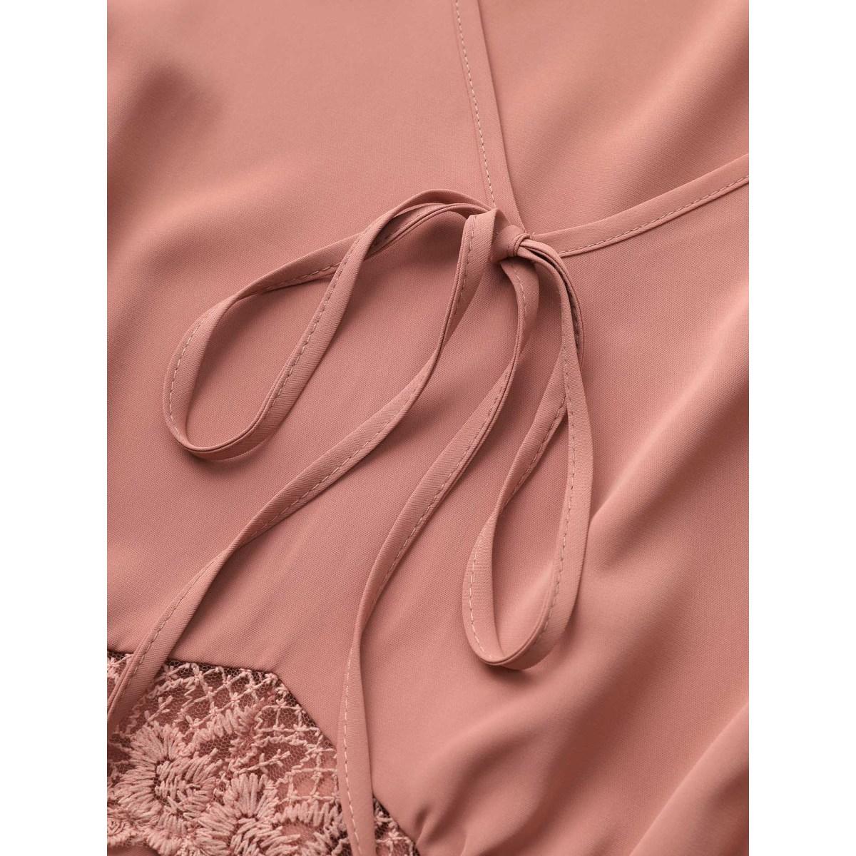 Plus Size Lace Insert Pocket Bowknot Hollow Out Dress DustyPink Women Elegant Elastic cuffs V-neck Long Sleeve Curvy Midi Dress BloomChic 18-20/2X Product Image