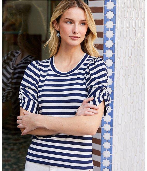 Karen Kane Stripe Ribbed Knit Scoop Neck Twist-Sleeve Top Product Image