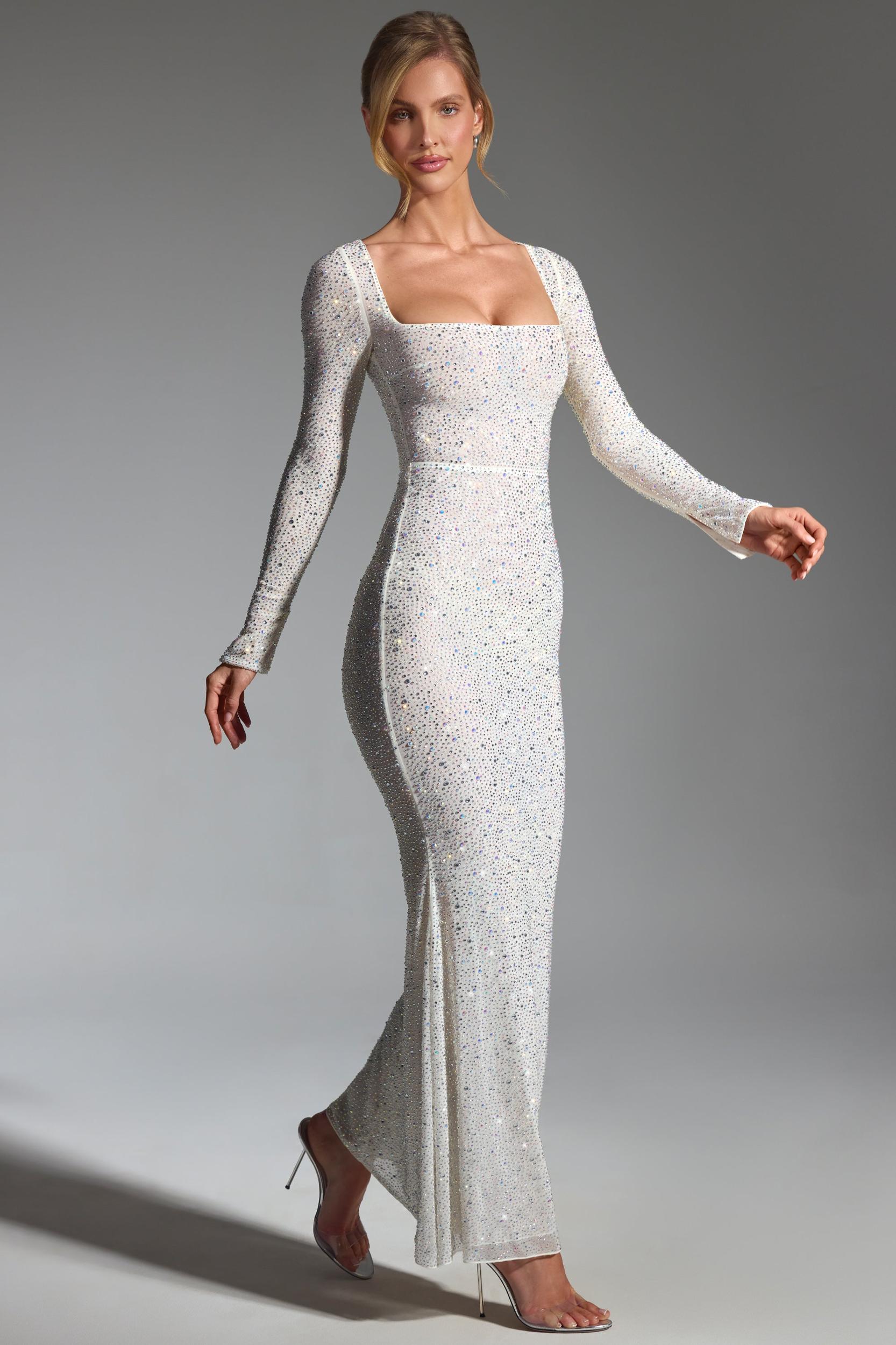 Embellished Fishtail Maxi Dress in White Product Image