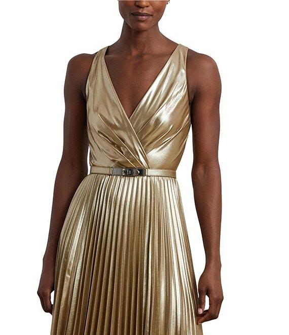 Lauren Ralph Lauren Metallic Chiffon V Neck Sleeveless Belted Pleated Fit and Flare Gown Product Image