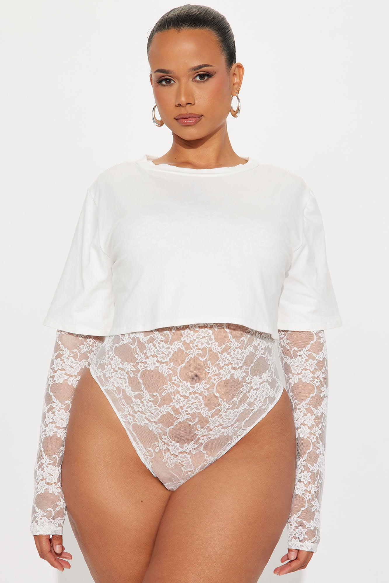 Unmatched Long Sleeve Lace Bodysuit - White Female Product Image