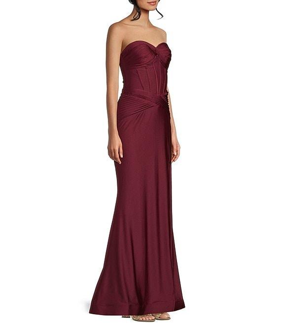 B. Darlin Shiny Knit Strapless Sweetheart Neck Pleated Front Slit Dress Product Image