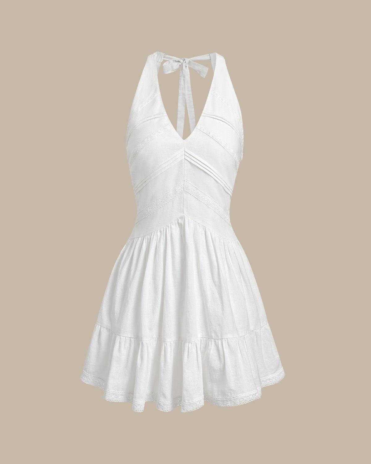White V Neck Pleated Backless Mini Dress Product Image
