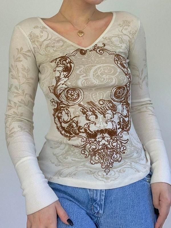 Vintage Printed V Neck Long Sleeve Top Product Image