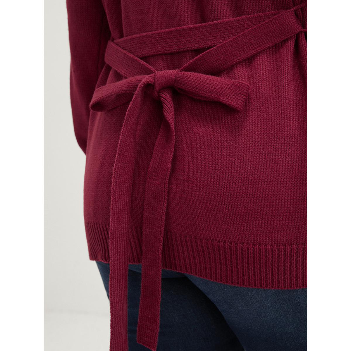 Plus Size Solid Pointelle Knit Pocket Belted Button Front Cardigan Scarlet Women Casual Loose Long Sleeve Office Cardigans BloomChic 26/4X Product Image