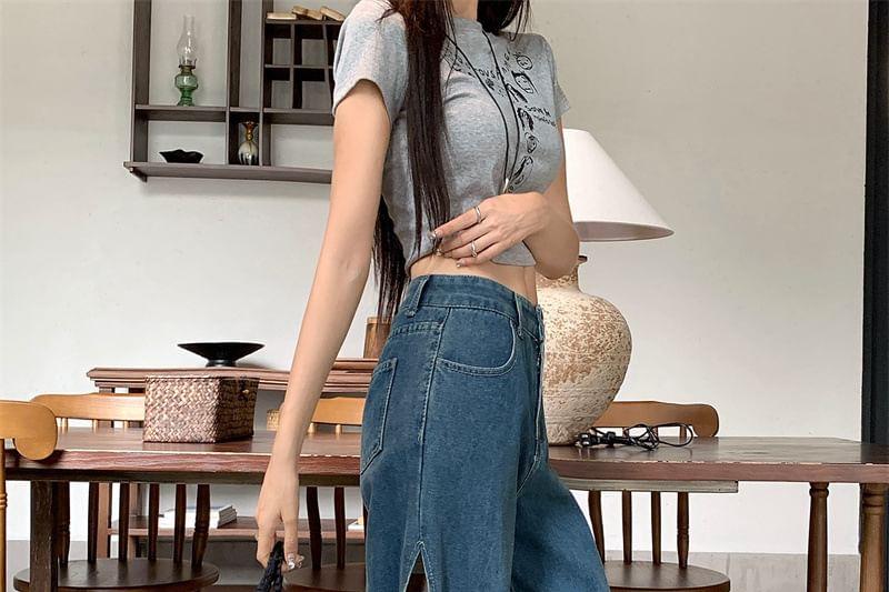 High Waist Washed Flower Detail Wide Leg Jeans Product Image