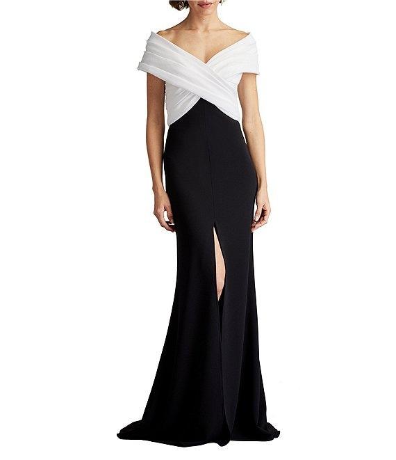 Tadashi Shoji Taffeta Pleated Off-the-Shoulder Cap Sleeve Side Slit Gown Product Image