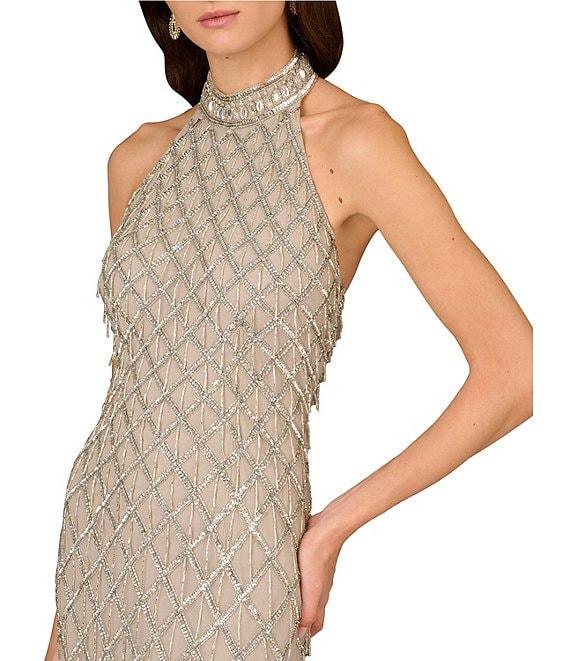 Aidan Mattox Beaded Mesh Halter Neck Sleeveless Column Dress Product Image