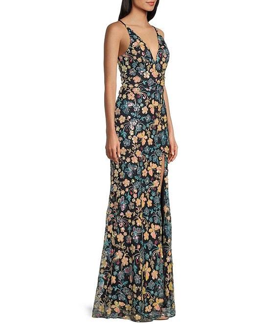 Blondie Nites Sequin Floral Butterfly Patterned Spaghetti Strap V-Neck Tie Back Gown Product Image