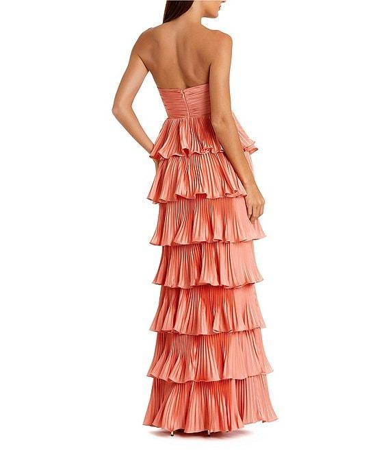 Mac Duggal Pleated Strapless Cut Out Tiered Ruffle Charmeuse Satin Column Gown Product Image