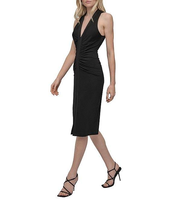 DKNY by Donna Karan Silky Jersey V Neck Sleeveless Ruched Sheath Dress Product Image