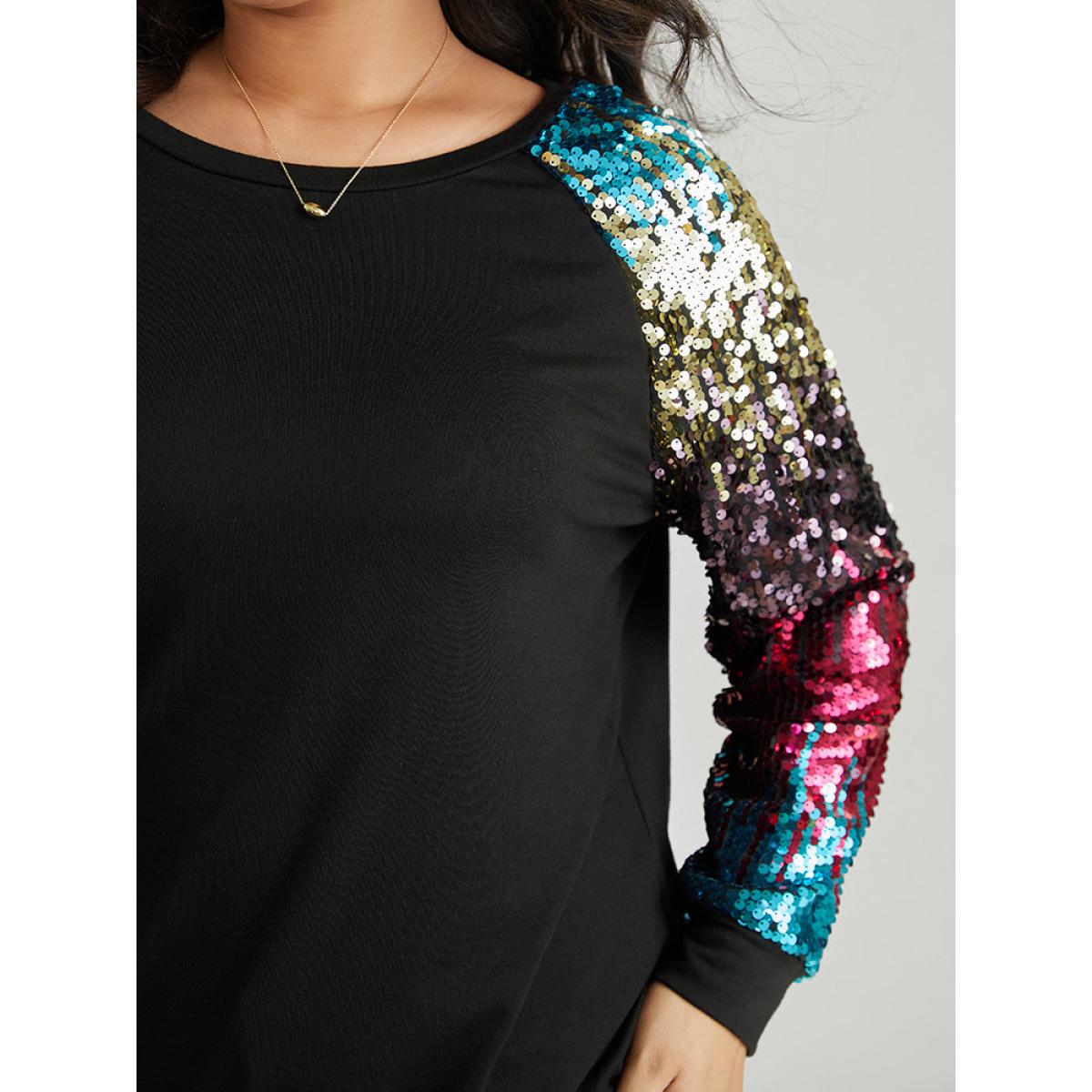 Plus Size Rainbow Sequin Patchwork Raglan Sleeve Sweatshirt Women Black Cocktail Sequin Round Neck Party Sweatshirts BloomChic 22-24/3X Product Image