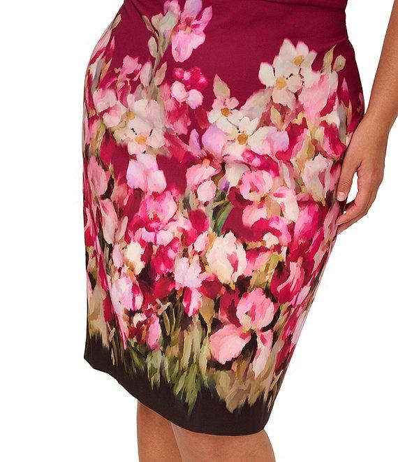 Adrianna Papell Plus Size Short Sleeve Floral Print Tie Front Sheath Midi Dress Product Image