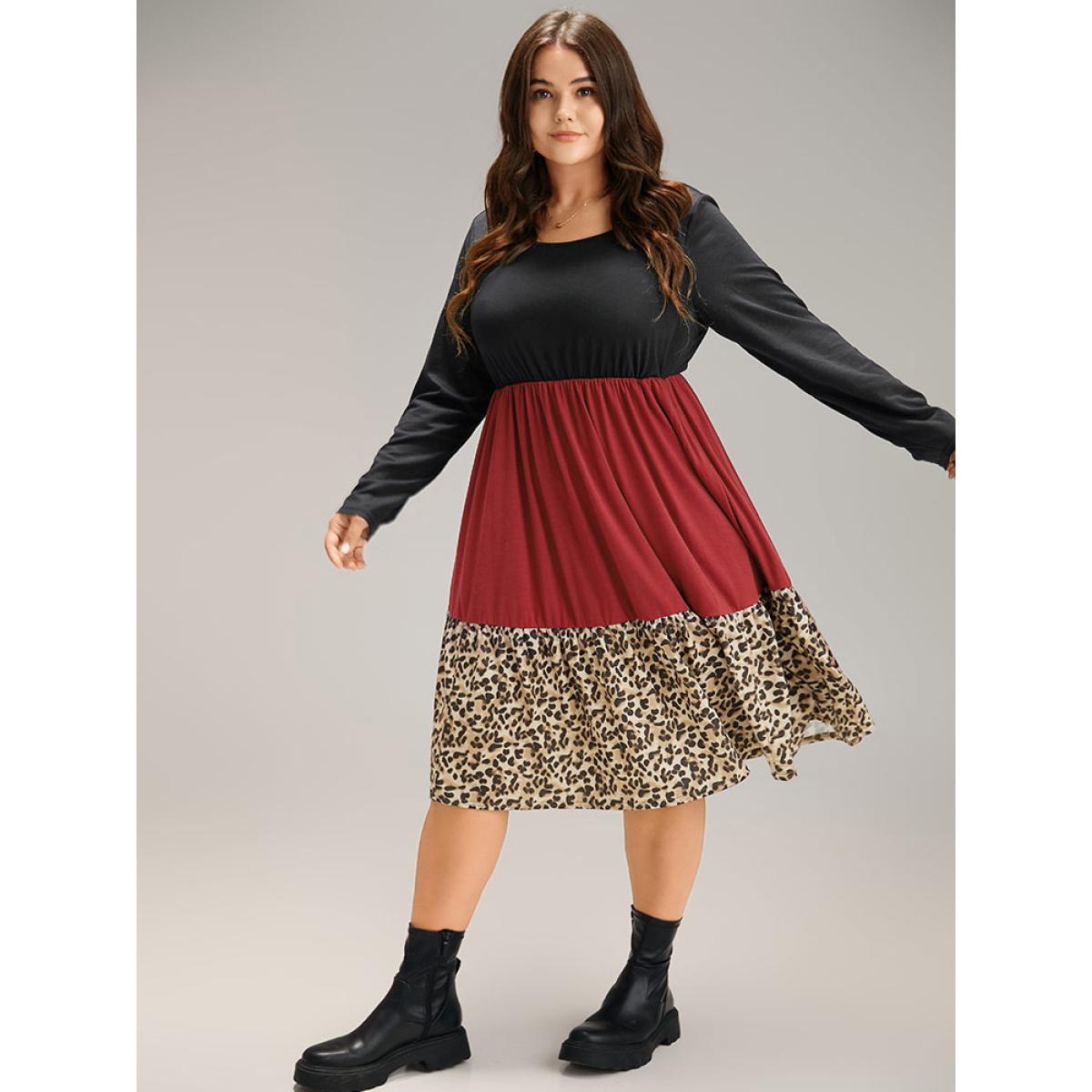 Plus Size Supersoft Essentials Colorblock Contrast Leopard Dress Black Women Casual Patchwork Round Neck Long Sleeve Curvy Midi Dress BloomChic 30/6X Product Image