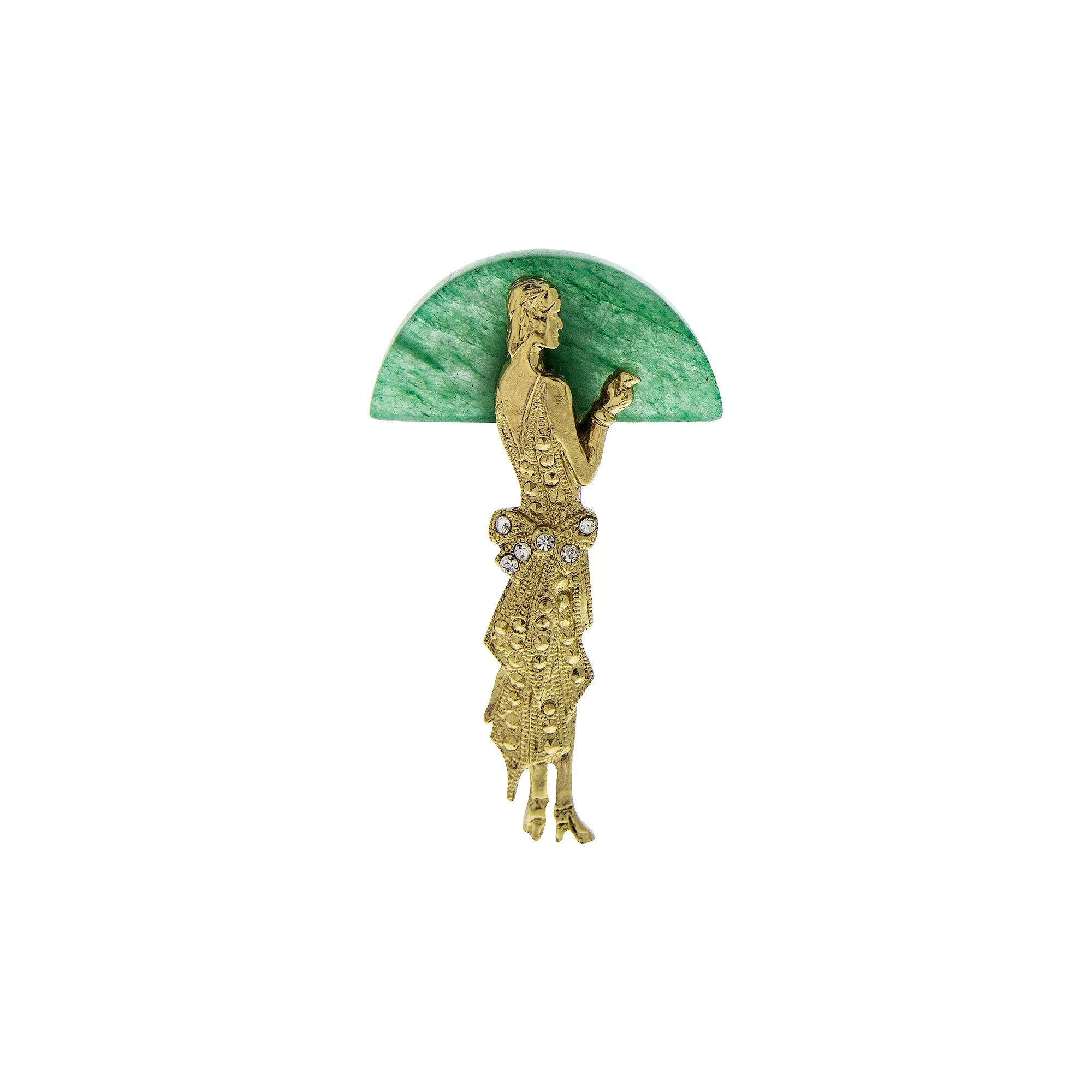 1928 Gold Tone Lady Half Moon Green Aventurine Pin, Womens Product Image