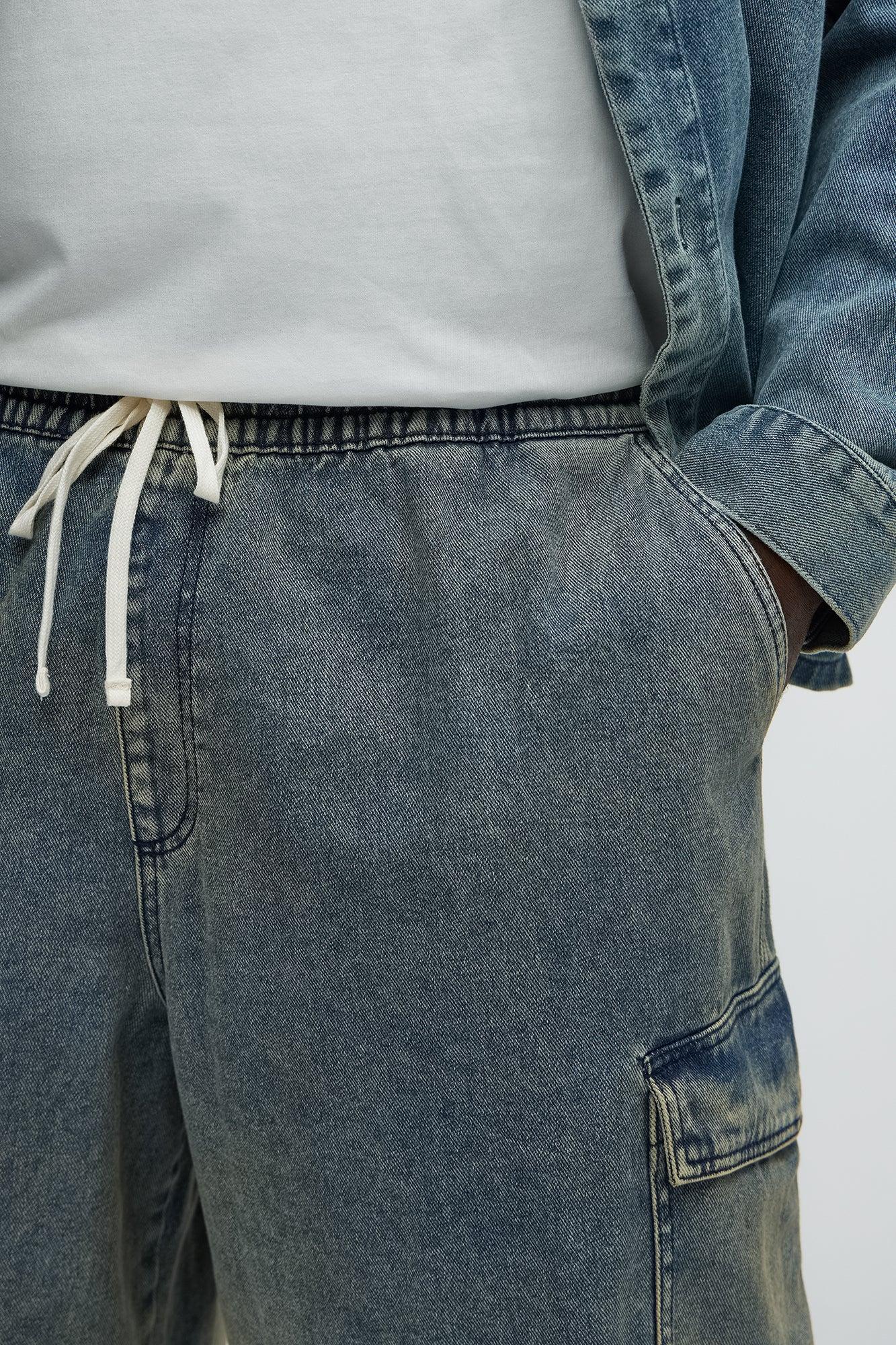 Hit Me With Baggy Cargo Denim Shorts - Vintage Blue Wash Product Image