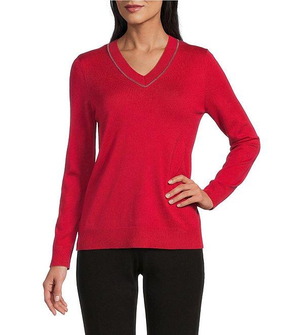 Investments Petite Size Solid Long Sleeve V-Neck Pullover Top Product Image