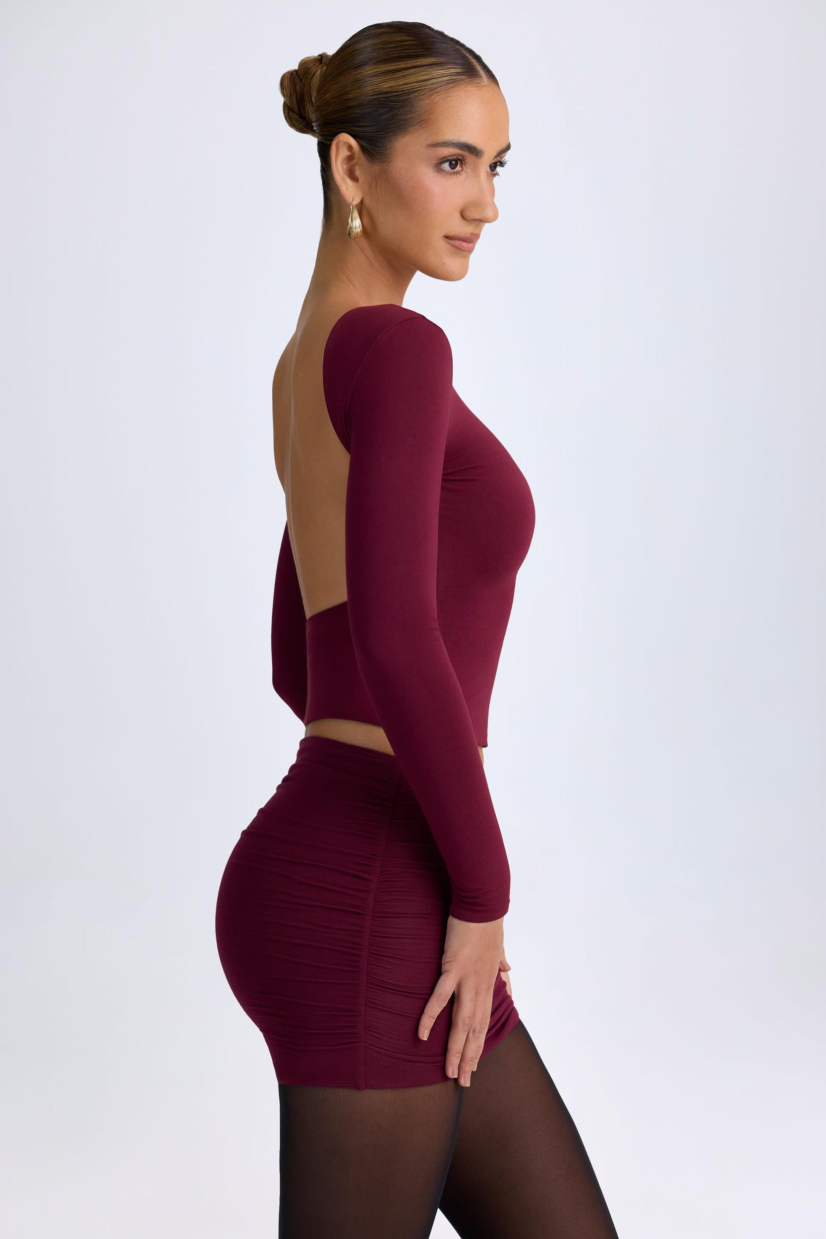 Modal High Neck Long Sleeve Open Back Top in Wine Red Product Image