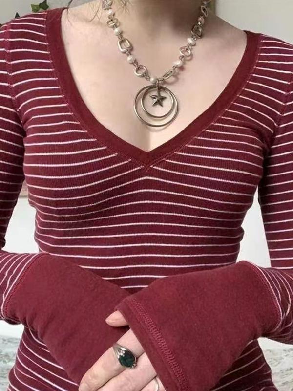 Striped V Neck Knit Long Sleeve Tee Product Image