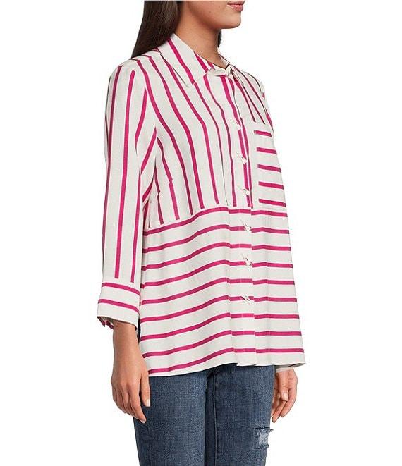 Ali Miles Stripe Point Collar 3/4 Sleeve Button Front Tunic Product Image