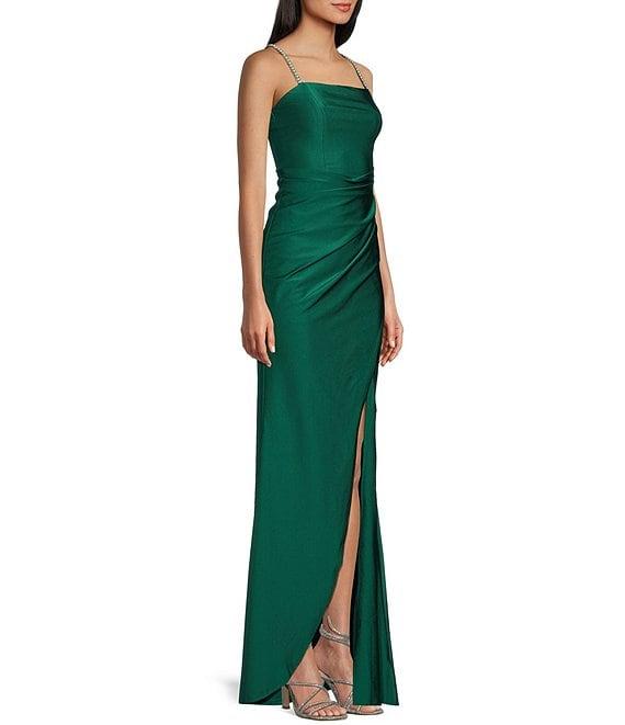 Honey and Rosie Sleeveless Pearl Strap Square Neck Pleated Gown Product Image