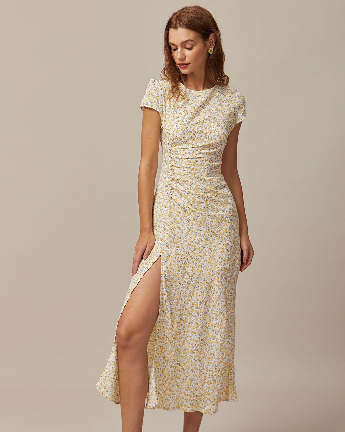 The Yellow Round Neck Floral Midi Dress Product Image