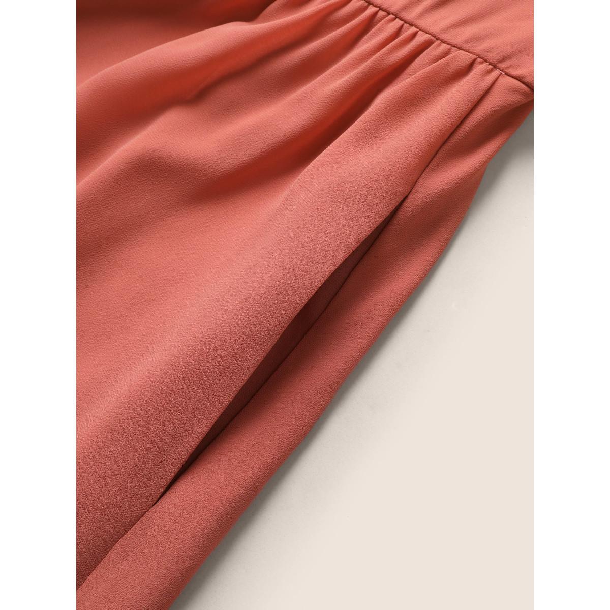 Plus Size Chiffon Plain Ties Knotted Lantern Sleeve Dress Coral Women Elegant Non Square Neck Elbow-length sleeve Curvy Midi Dress BloomChic 12/L Product Image